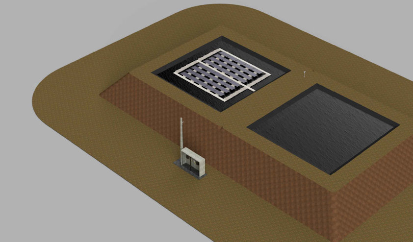 Illustrasjon av flytende solcellepaneler.