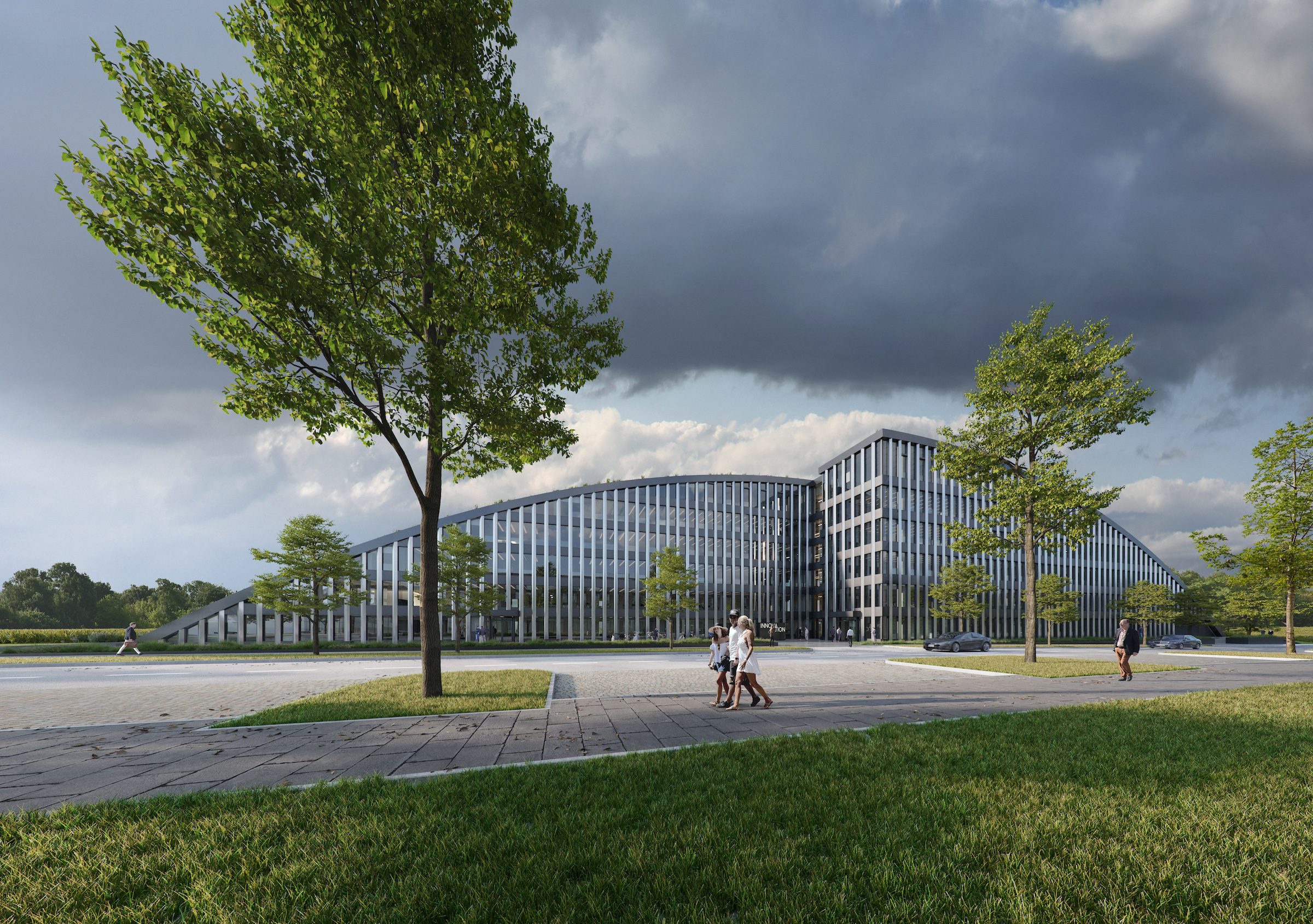 a large building with a few people walking around