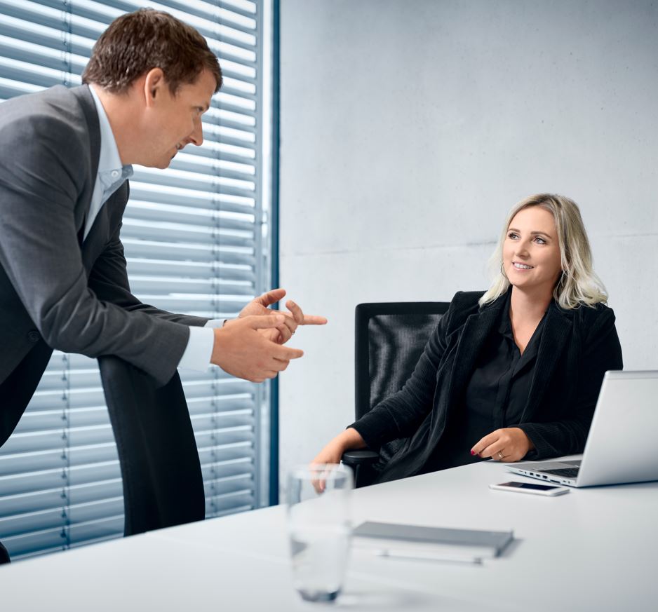 a man and a woman talking